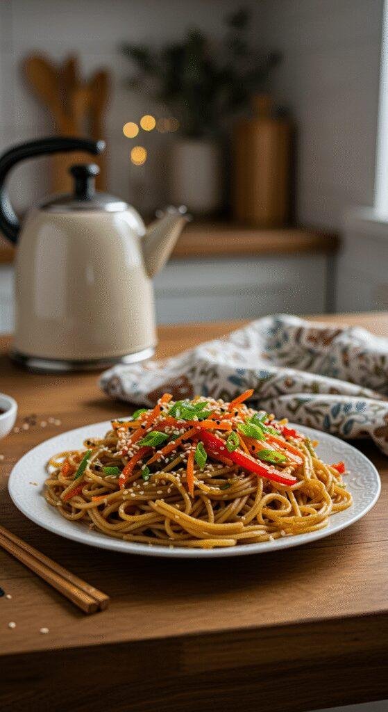 A cozy home setting with a plate of vegan saucy ramen noodles on a rustic wooden table, featuring glossy noodles with green onions, sesame seeds, and vegetables, in warm lighting with home kitchen background elements.