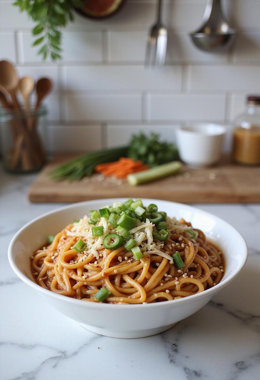 A kitchen scene with a bowl of vegan saucy ramen noodles on a countertop, topped with green onions and sesame seeds, surrounded by kitchen utensils and ingredients, showing a well-lit, modern kitchen environment.
