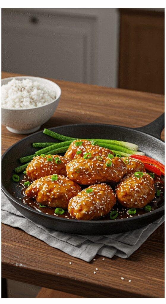 Healthy 30-Minute Sesame Chicken Skillet served on a rustic wooden table in a cozy kitchen, featuring sesame-coated chicken with vegetables and rice, garnished with green onions and sesame seeds in natural light.