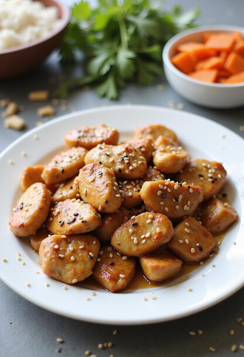 Healthy 30-Minute Sesame Chicken Skillet displayed in a kitchen setting, plated with vegetables and rice, with sesame seeds on top, highlighting a fresh and wholesome meal in a bright kitchen environment.