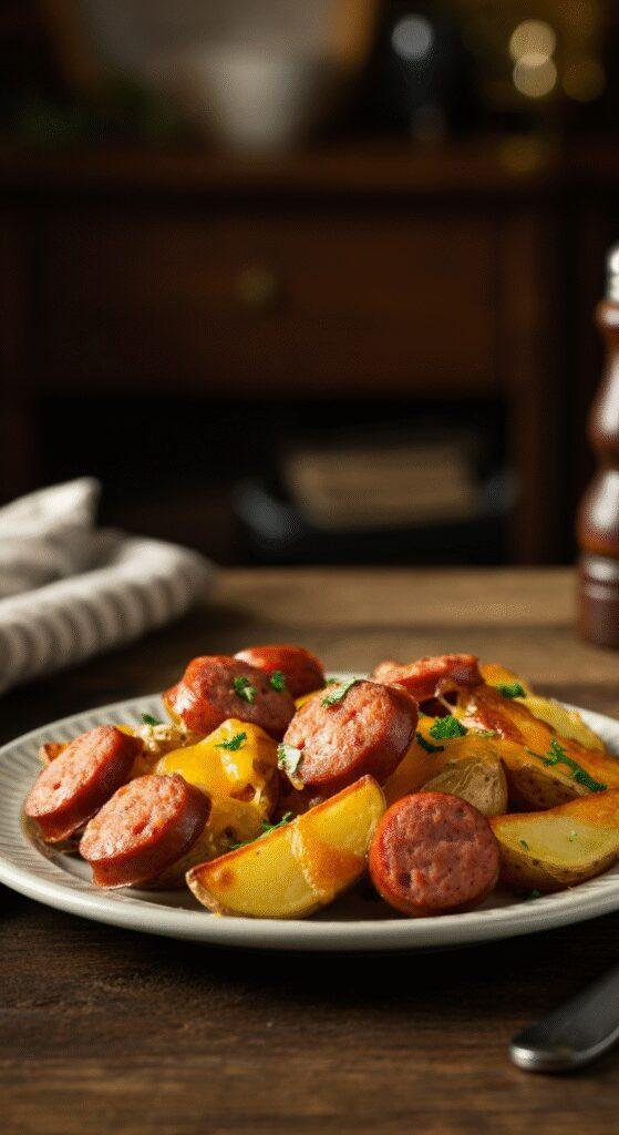 A realistic image of cheesy ranch potatoes and sausage on a cozy home dining table, featuring crispy potatoes, sliced sausage, melted cheese, and fresh herbs on a neutral plate, creating a warm and inviting atmosphere.