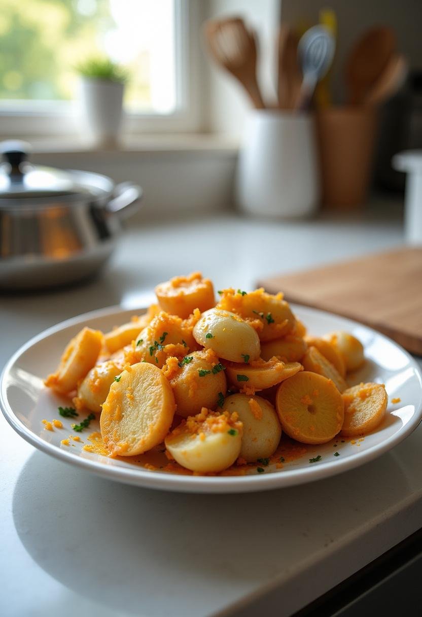A realistic image of cheesy ranch potatoes and sausage served on a white plate in a kitchen setting, with natural light showing the crispy potatoes, melted cheese, and sausage slices, accompanied by typical kitchen items.