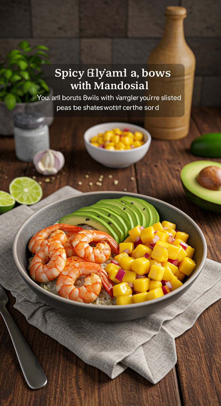 Home setting showcasing Spicy Shrimp and Avocado Bowls with Mango Salsa, featuring seasoned shrimp, sliced avocado, and colorful mango salsa in a bowl on a rustic table. Cozy kitchen background with natural light.