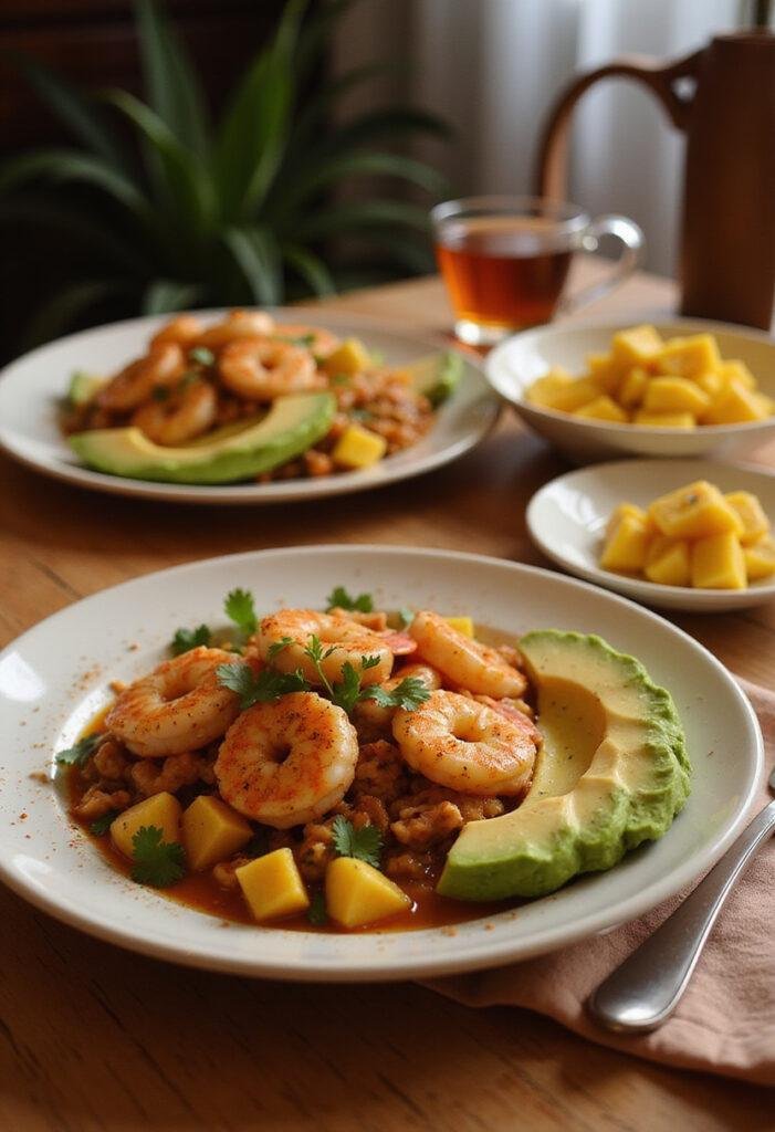 Cozy home setting with Spicy Shrimp and Avocado Bowls with Mango Salsa plated on a table, featuring seasoned shrimp, fresh avocado slices, and mango salsa, with warm lighting and homey decor.
