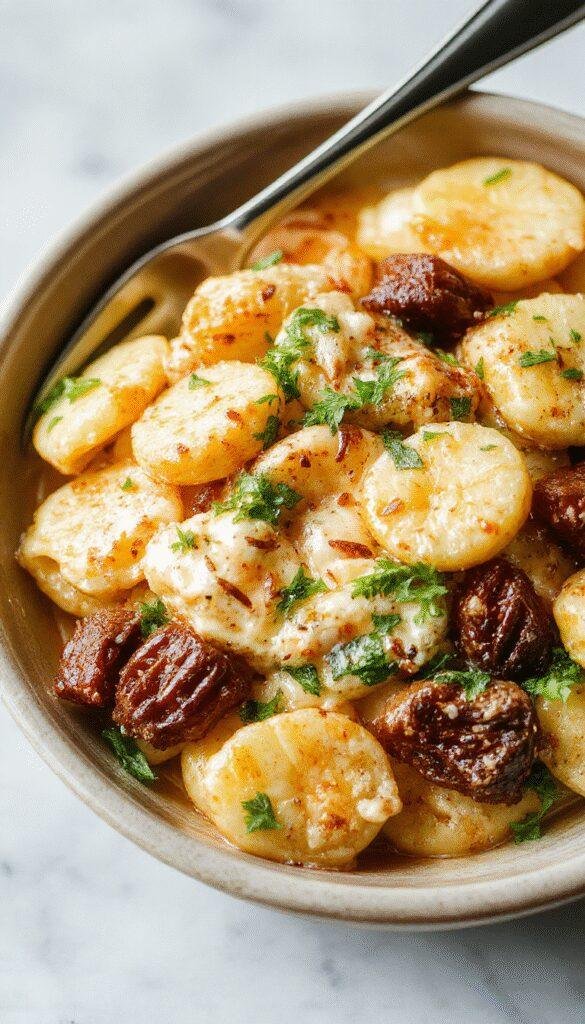 A vibrant bowl of creamy protein pasta topped with fresh herbs and vegetables, ready for a quick and healthy dinner.