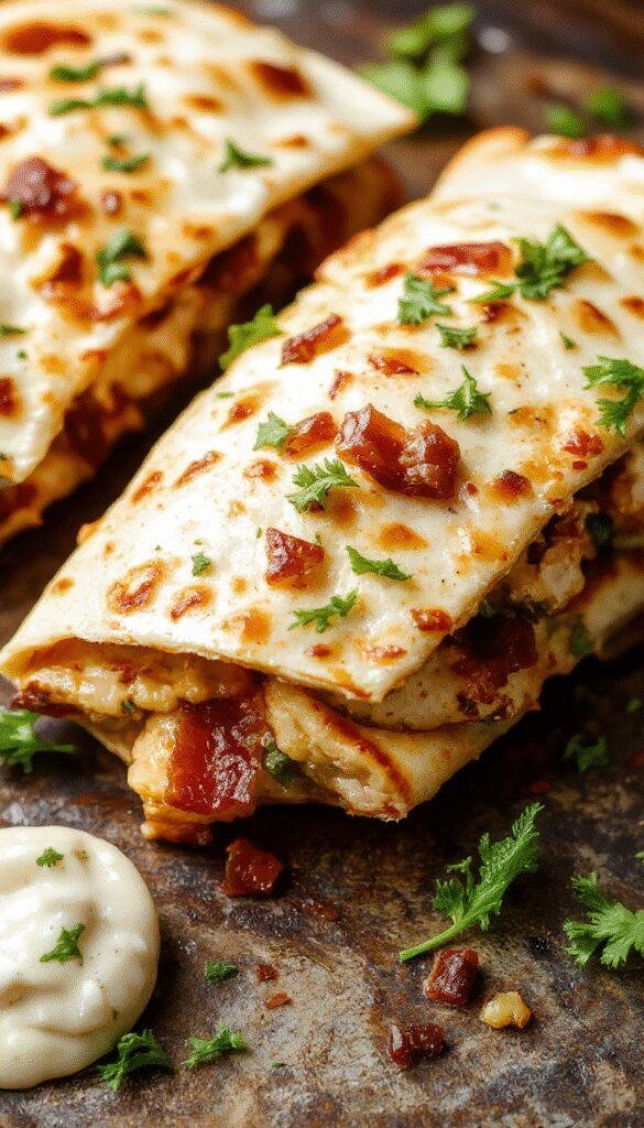 A plate of crispy chicken bacon ranch quesadillas sliced into triangles, topped with fresh herbs and served with a side of salsa.
