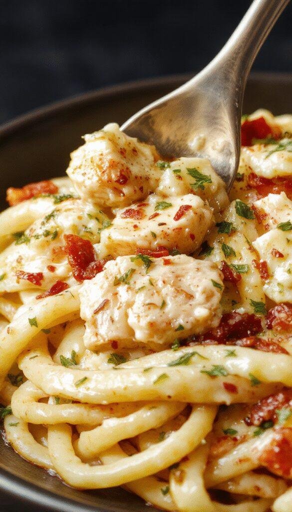 A plate of creamy chicken pesto pasta garnished with fresh basil on a wooden table