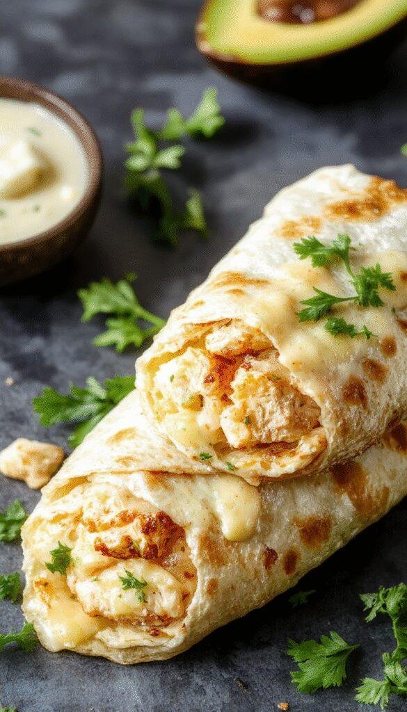 Close-up of cheesy chicken garlic wraps filled with melted cheese, seasoned chicken, and fresh herbs on a wooden plate.