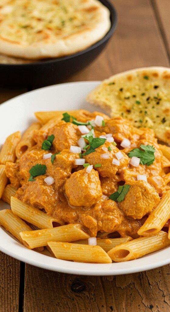 A realistic amateur style picture of 30-Minute Cowboy Butter Chicken Pasta taken by a phone camera