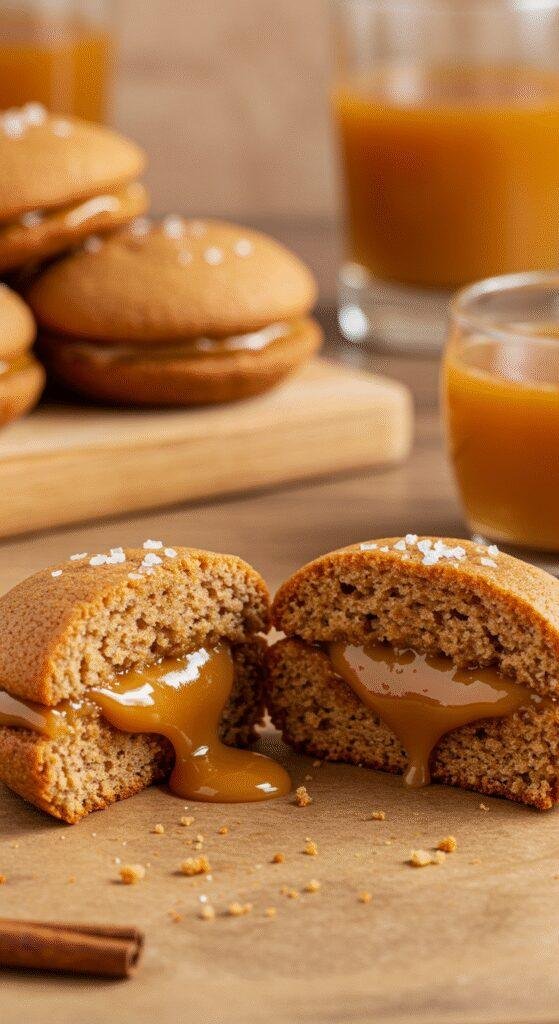 A realistic amateur style picture of Apple Cider Whoopie Pies with Salted Caramel Filling taken by a phone camera