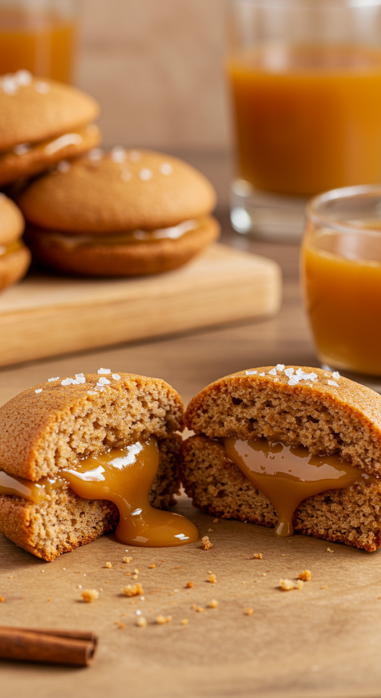 A realistic amateur style picture of Apple Cider Whoopie Pies with Salted Caramel Filling taken by a phone camera