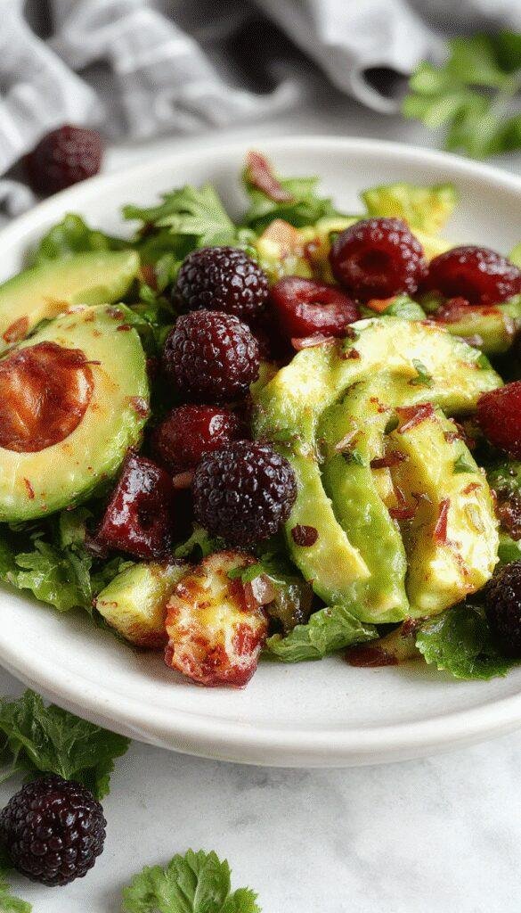 A vibrant plate of Blackberry Avocado Salad featuring fresh blackberries, creamy avocado slices, mixed greens, and a light vinaigrette drizzle