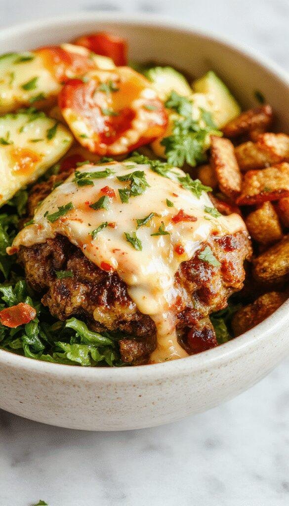 A vibrant bowl filled with seasoned ground beef, fresh vegetables, cheese, and toppings, served as a burger bowl on a wooden table.