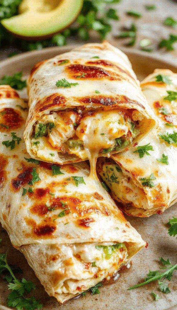 Close-up of cheesy garlic chicken wraps showing gooey melted cheese, crispy tortilla, and tender chicken filling.