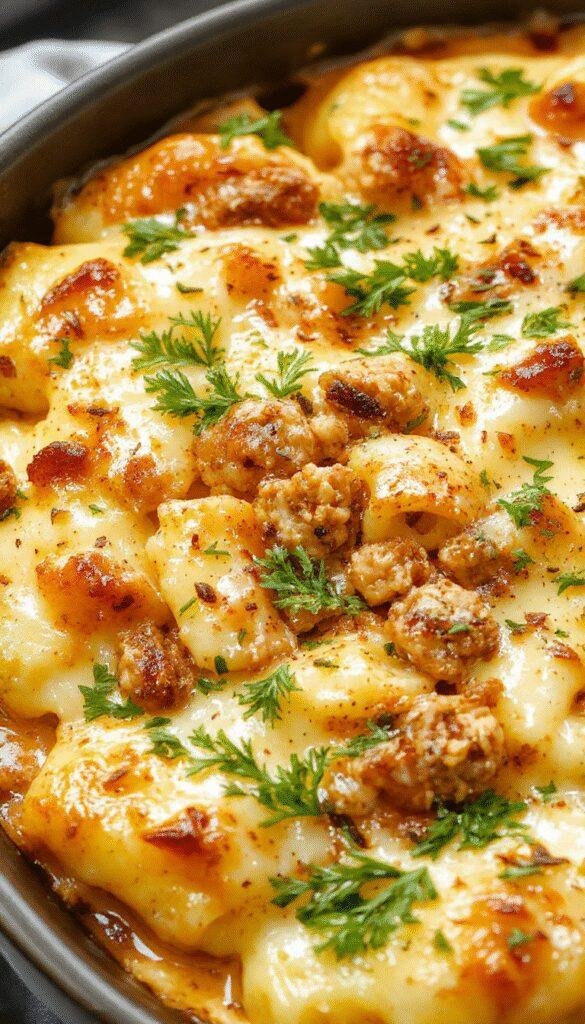 A delicious cheesy ground turkey pasta bake in a baking dish, topped with melted cheese and garnished with herbs.