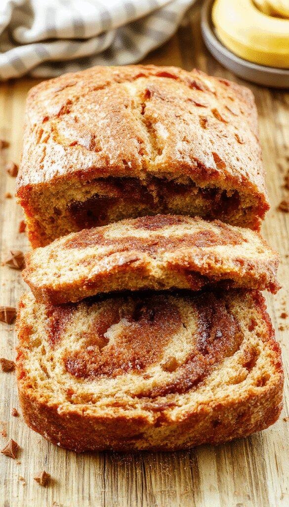A loaf of cinnamon swirl banana bread sliced open, revealing a marbled swirl of cinnamon and banana inside, garnished with banana slices and a dusting of powdered sugar.