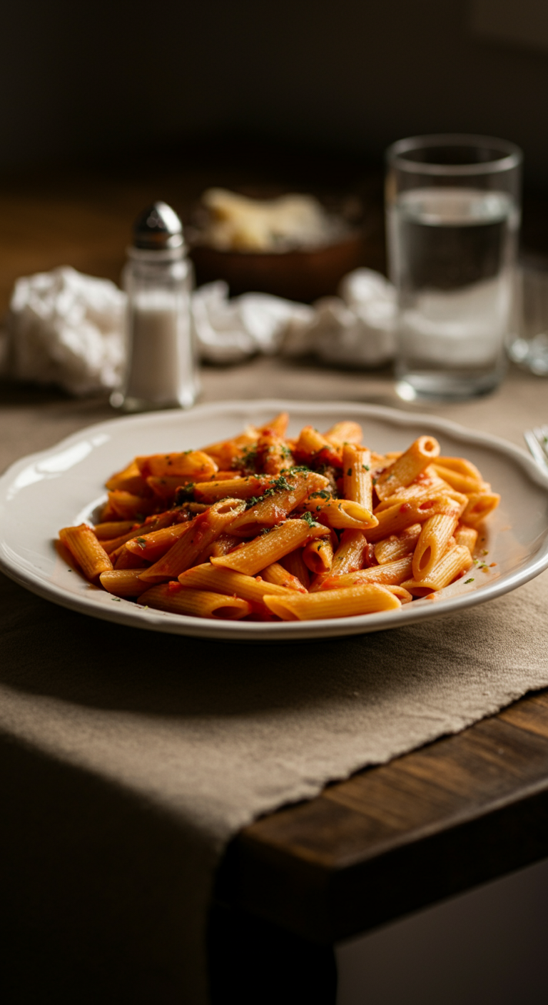 A realistic, amateur-style photo of Classic Penne allArrabbiata pasta served casually on a white ceramic plate, with spicy tomato sauce and herbs, in a cozy home setting with imperfect lighting and cluttered background decor.