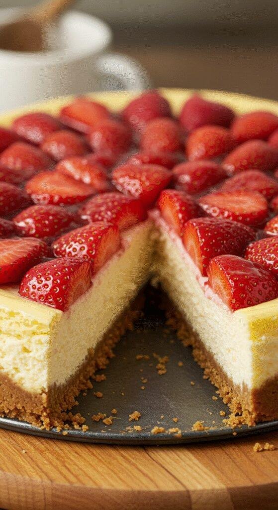 A realistic amateur style picture of Classic Strawberry Cheesecake with Fresh Strawberry Topping taken by a phone camera