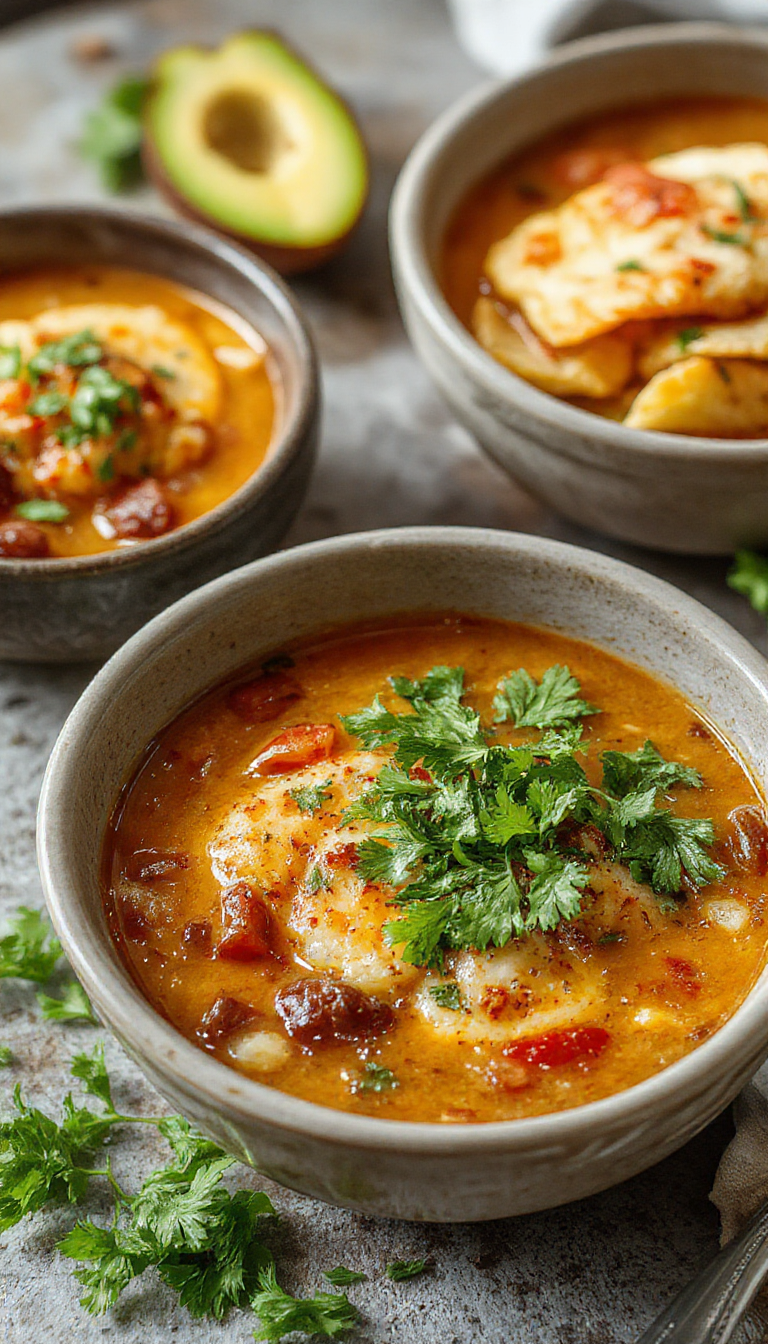 A steaming bowl of Chile Relleno Soup garnished with fresh herbs, showing colorful peppers, melted cheese, and a rich broth.