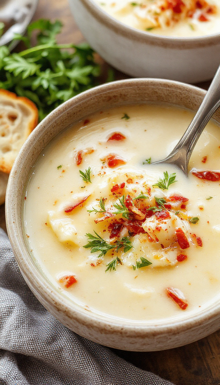 A comforting bowl of white lasagna soup topped with melted cheese and fresh herbs, served with slices of bread on the side.
