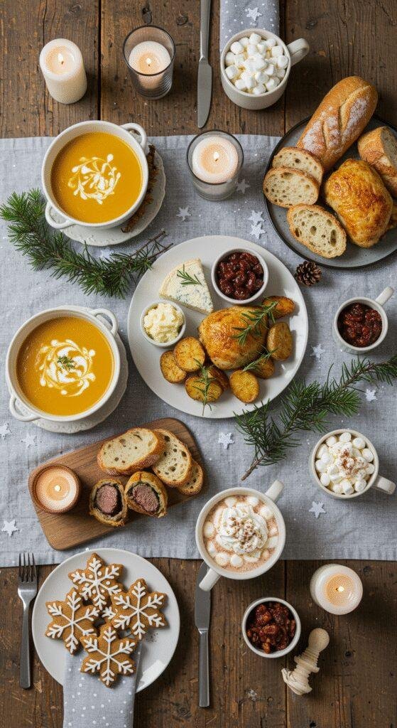 A realistic amateur style picture of Cozy Winter Baby Shower Menu Ideas taken by a phone camera