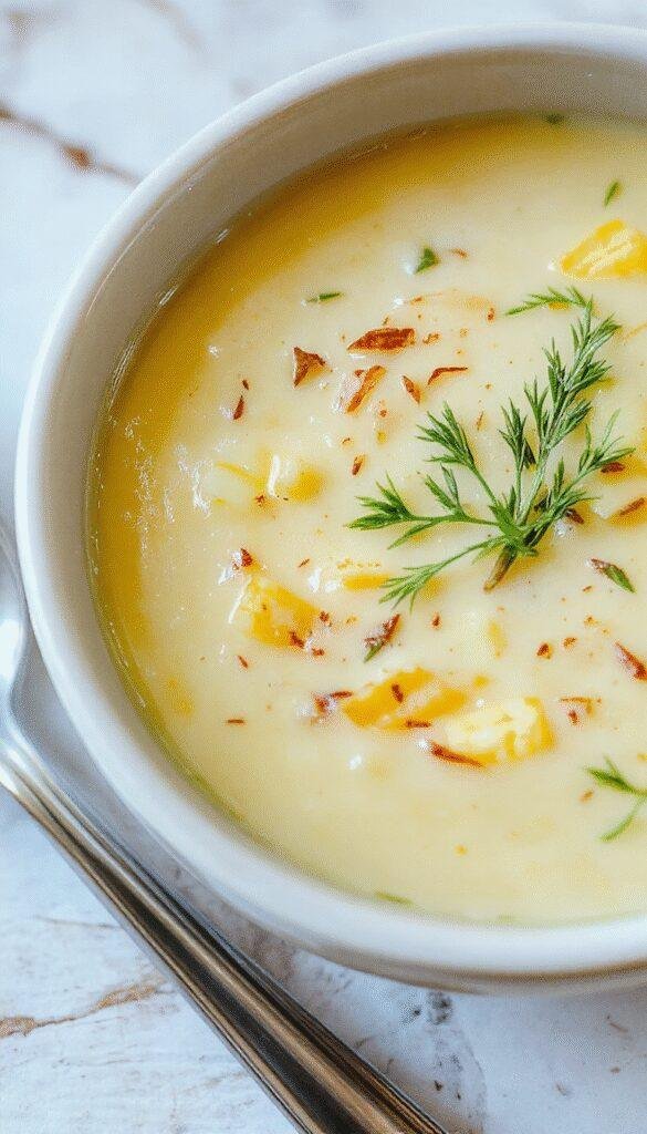A warm bowl of creamy cheddar garlic herb potato soup garnished with fresh herbs and a sprinkle of cheese, served with crusty bread on the side.