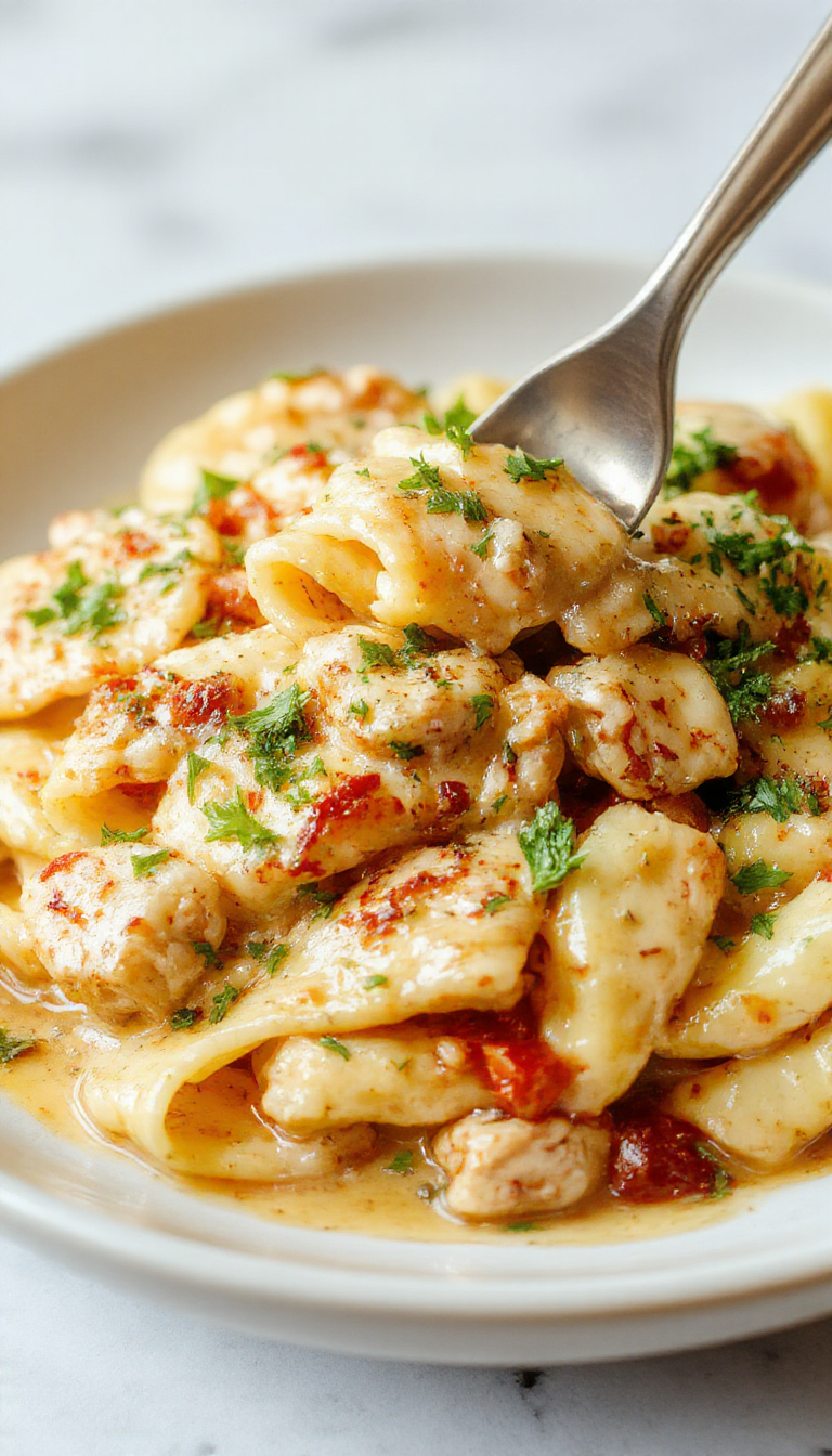 A plate of Creamy Cowboy Butter Chicken Pasta featuring tender chicken chunks, creamy sauce, and pasta garnished with herbs.