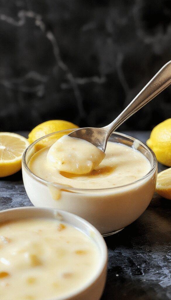 A jar of vibrant yellow Italian Lemon Curd with a spoon, surrounded by fresh lemons and zesty lemon slices on a rustic wooden table.