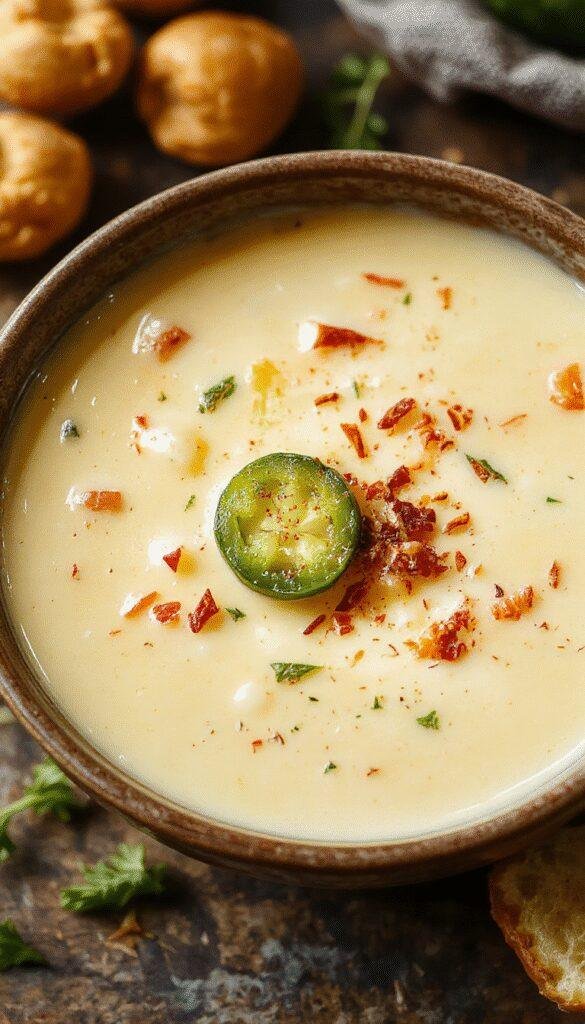 A bowl of creamy jalapeno popper soup garnished with shredded cheese, sliced jalapenos, and a sprinkle of chopped chives, served with crusty bread on the side.