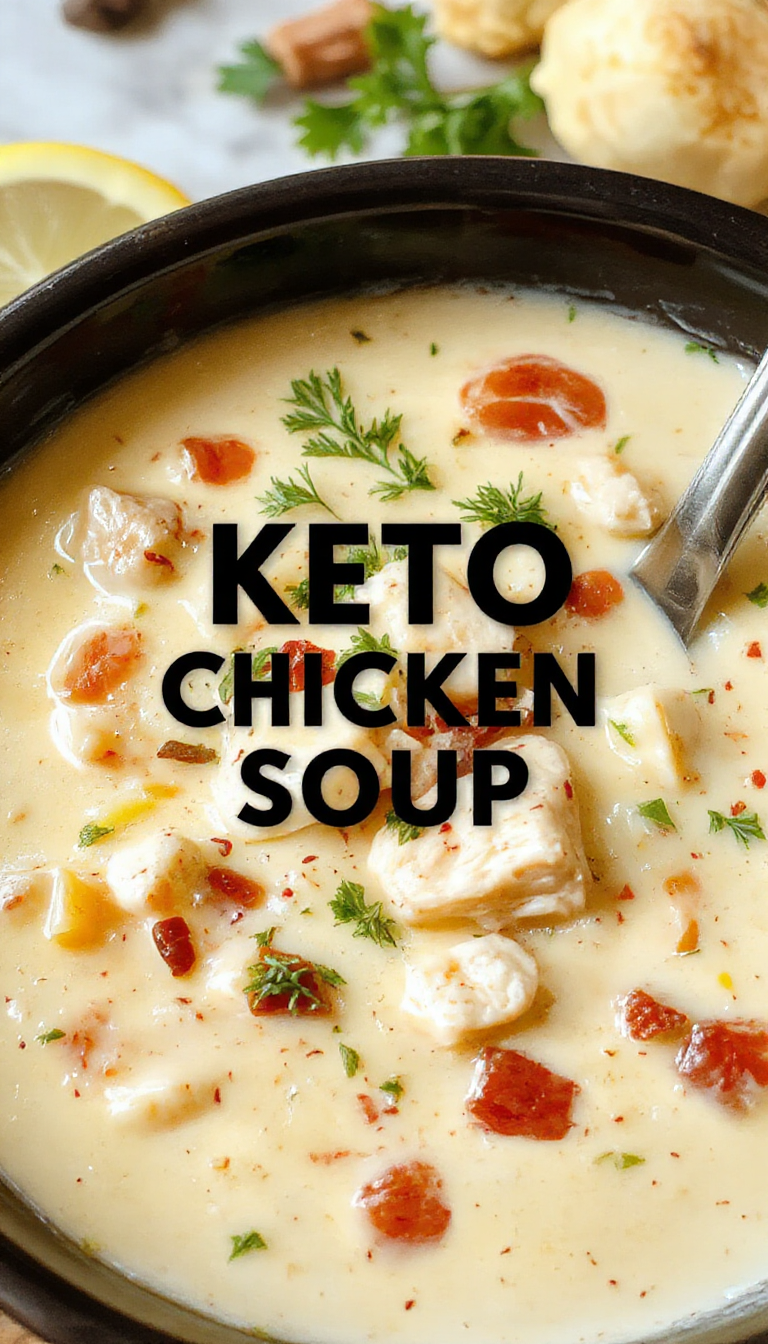 A steaming bowl of creamy keto chicken soup garnished with herbs, served with a slice of bread on a rustic table.