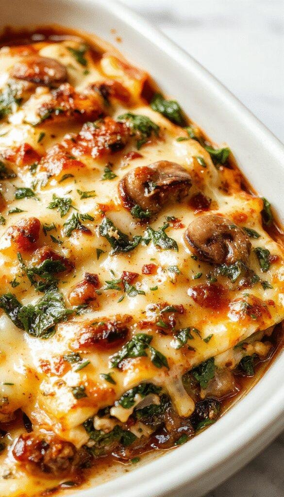 A delicious slice of creamy spinach and mushroom lasagna on a plate, showing layers of cheesy béchamel, sautéed spinach, and mushrooms topped with melted cheese.