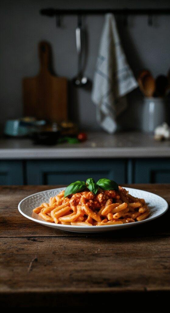 A realistic photo of creamy tomato and ricotta pasta served on a simple plate, placed on a wooden table in a cozy home kitchen setting, featuring natural lighting, slight imperfections, and a warm, inviting atmosphere.