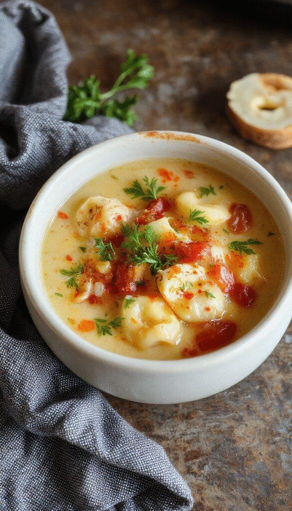 A steaming bowl of creamy Tuscan ravioli soup garnished with fresh herbs, with ravioli floating in a rich, flavorful broth
