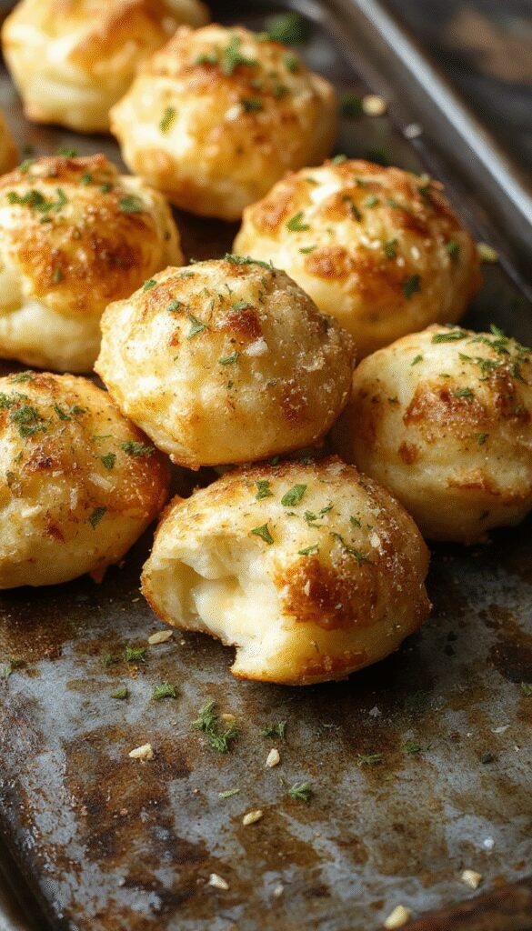 Golden crispy baked mashed potato cheese puffs topped with melted cheese and herbs.