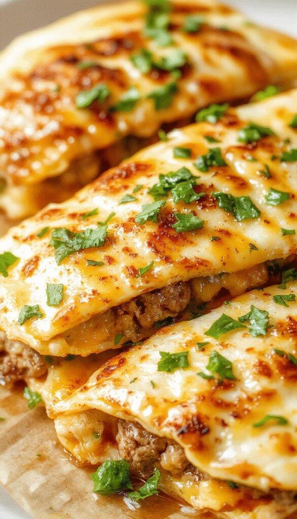 Golden crispy smashburger quesadillas filled with melted cheese and juicy burger patties, served on a plate with fresh toppings.