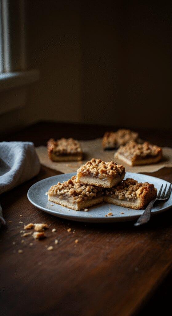 Casual photo of apple crisp shortbread bars on a rustic table in a home kitchen, featuring slightly uneven plating, crumbs, and cozy natural lighting, showcasing a warm, inviting homemade dessert scene.