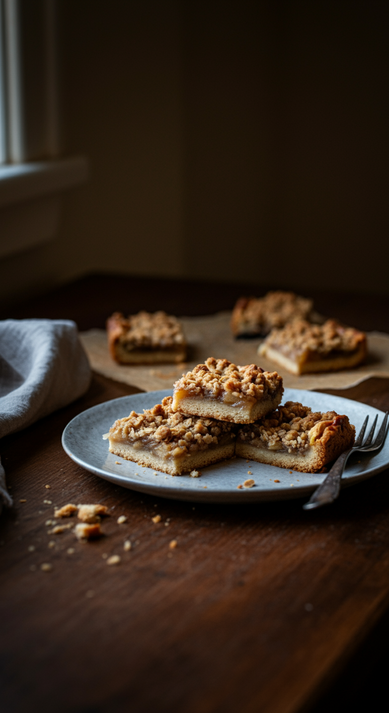 Casual photo of apple crisp shortbread bars on a rustic table in a home kitchen, featuring slightly uneven plating, crumbs, and cozy natural lighting, showcasing a warm, inviting homemade dessert scene.