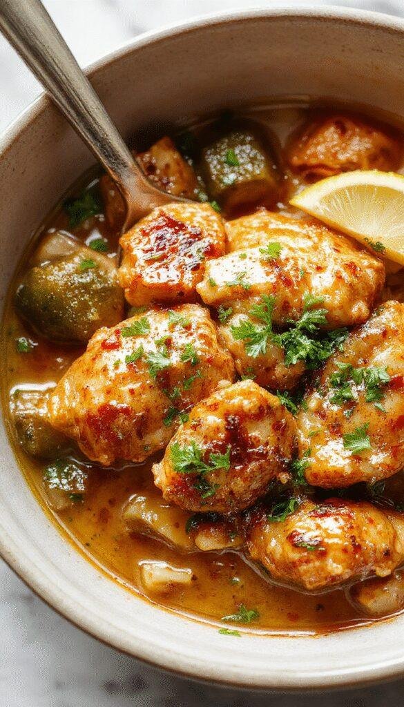 A plate of creamy butter chicken garnished with fresh herbs, served alongside rice and naan bread on a wooden table.