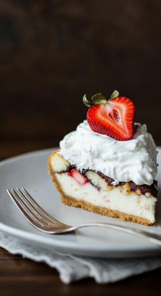 A realistic, amateur-style photo of a baked strawberry cheesecake dump cake on a cozy wooden table, showing a golden-brown topping with strawberry swirls, served on a simple plate with a fork, surrounded by crumbs and casual kitchen clutter in natural lighting.