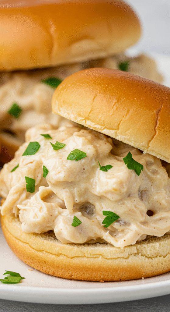Realistic photo of easy chicken Alfredo sloppy joes in a ceramic bowl, showing creamy shredded chicken and Alfredo sauce, placed on a rustic wooden table with natural lighting, imperfect presentation, and a cozy kitchen background.