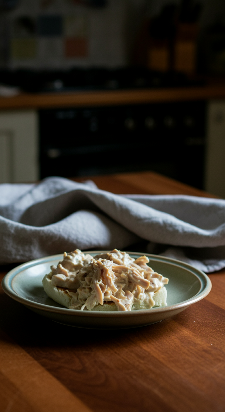 Realistic photo of easy chicken Alfredo sloppy joes in a ceramic bowl, showing creamy shredded chicken and Alfredo sauce, placed on a rustic wooden table with natural lighting, imperfect presentation, and a cozy kitchen background.