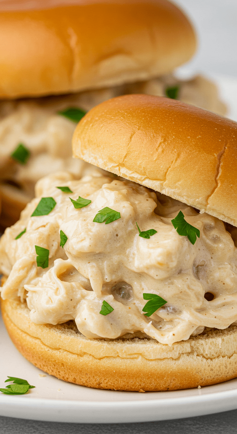 Realistic photo of easy chicken Alfredo sloppy joes in a ceramic bowl, showing creamy shredded chicken and Alfredo sauce, placed on a rustic wooden table with natural lighting, imperfect presentation, and a cozy kitchen background.