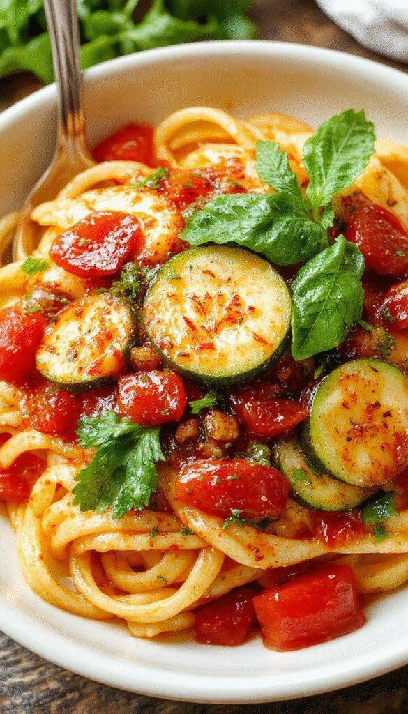 A vibrant plate of tomato zucchini pasta garnished with fresh basil, showcasing colorful spiralized zucchini and cherry tomatoes in a light sauce.