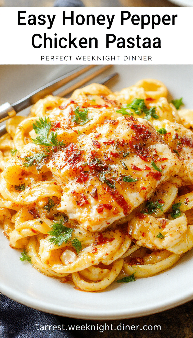 A delicious plate of honey pepper chicken pasta garnished with fresh herbs, showcasing tender chicken, vibrant pepper slices, and al dente pasta coated in a glossy sauce.
