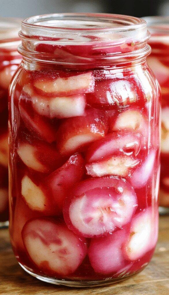 A small glass jar filled with vibrant pink pickled red onions, garnished with fresh herbs and displayed on a wooden table.