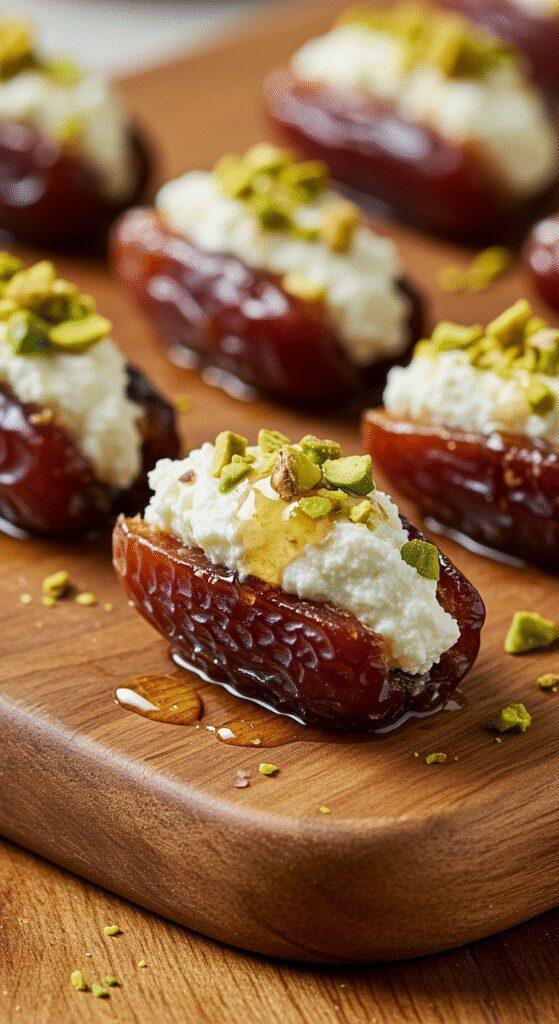 A realistic amateur style picture of Easy Ricotta Stuffed Dates with Honey and Pistachios taken by a phone camera