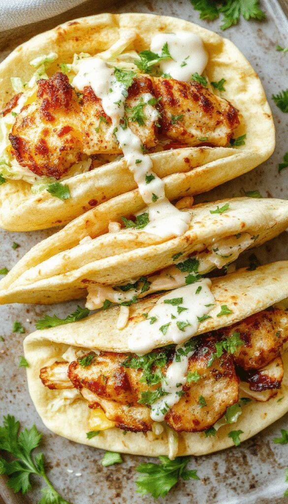 A colorful dish featuring crispy sheet pan chicken served in pita bread with fresh herb ranch slaw, garnished with herbs on a white plate.