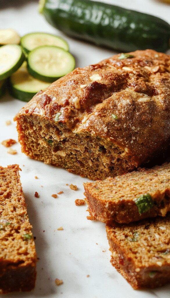 A freshly sliced zucchini bread loaf showing moist, dense texture with golden-brown crust topped with a sprinkle of sugar and cinnamon.