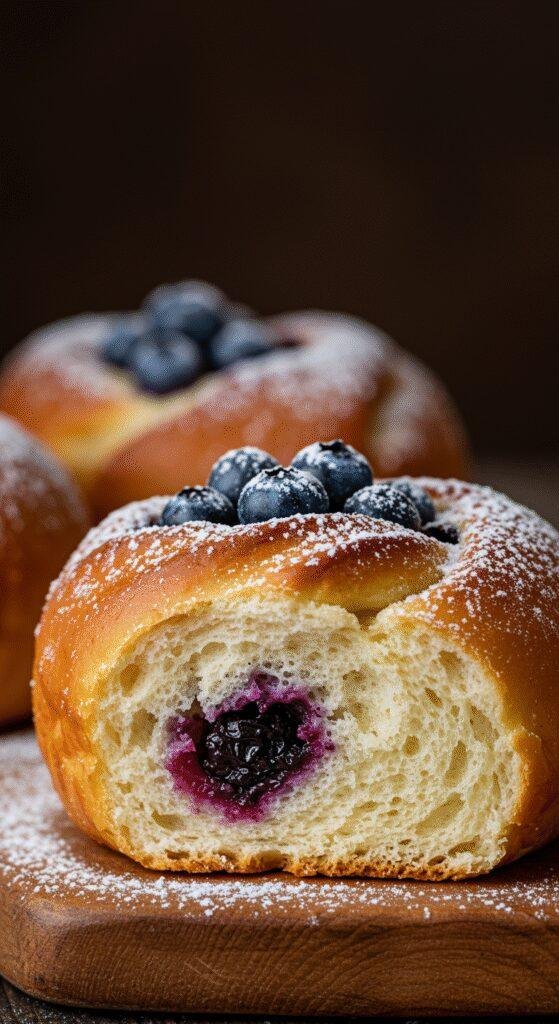 A realistic amateur style picture of Fluffy Blueberry Ricotta Sweet Buns (Vatruschka) taken by a phone camera