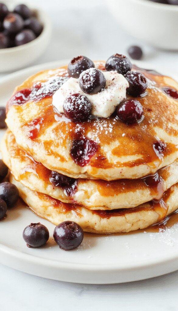 A stack of fluffy Greek yogurt pancakes topped with fresh blueberries and a drizzle of honey, served on a white plate with a fork.